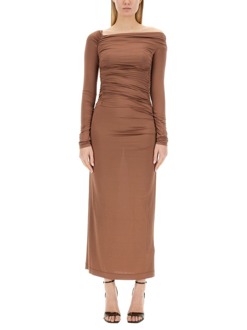 Brown Off-Shoulder Midi Dress