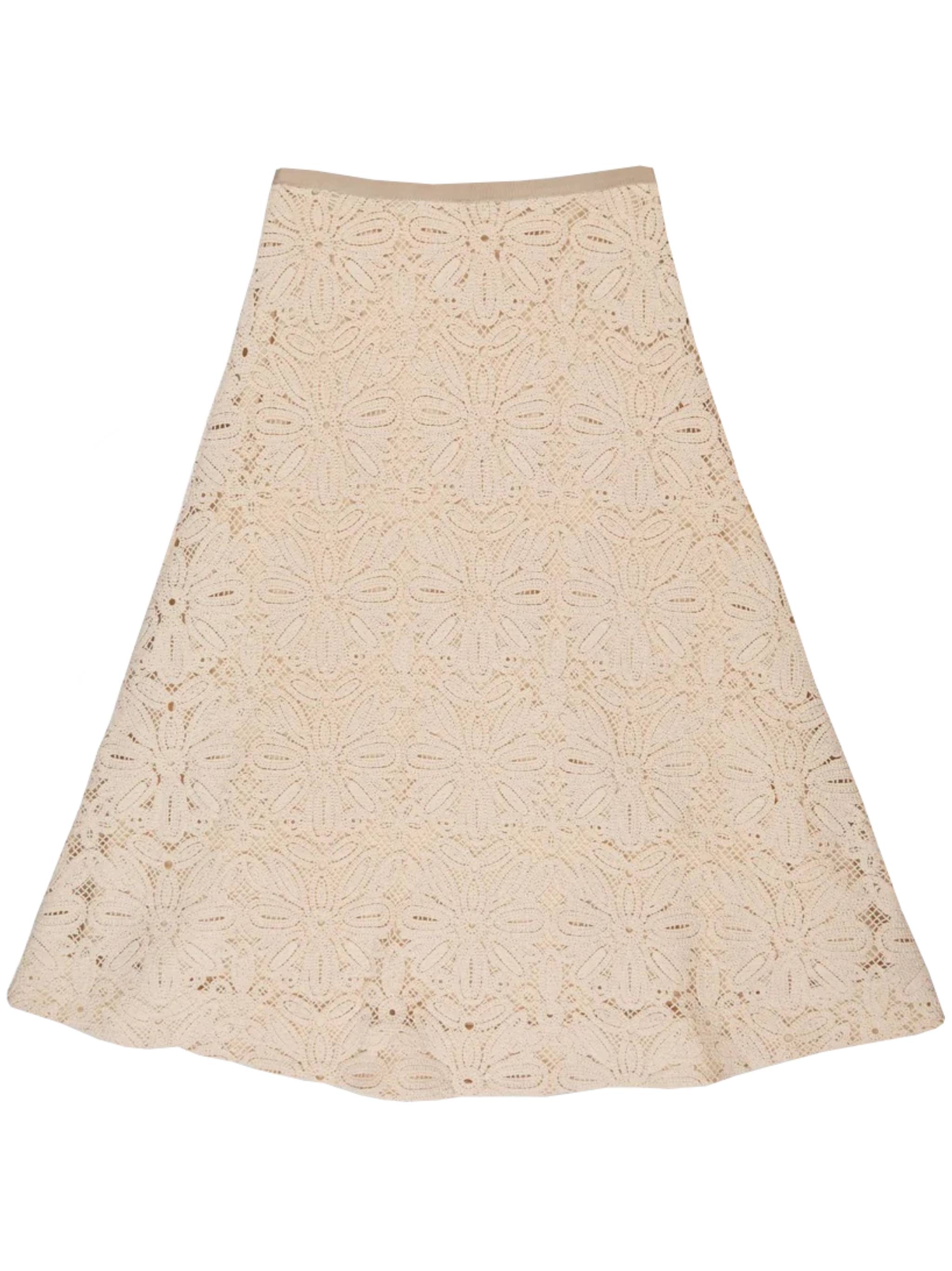 Beige Floral Lace Midi Skirt