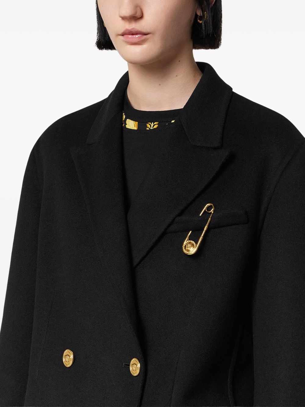 Double-Breasted Black Coat with Gold-Tone Accents