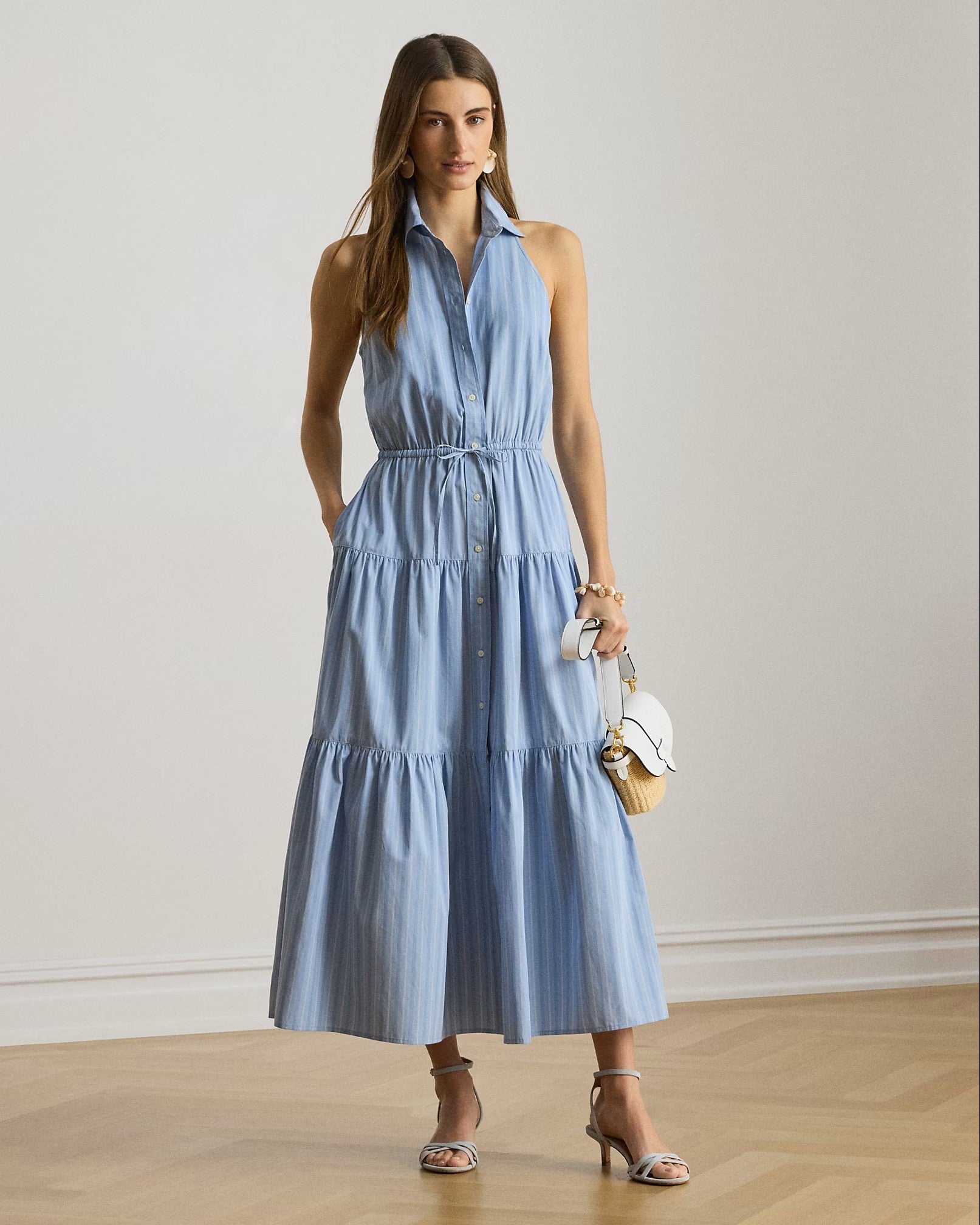 Light Blue Woven Broadcloth Midi Dress