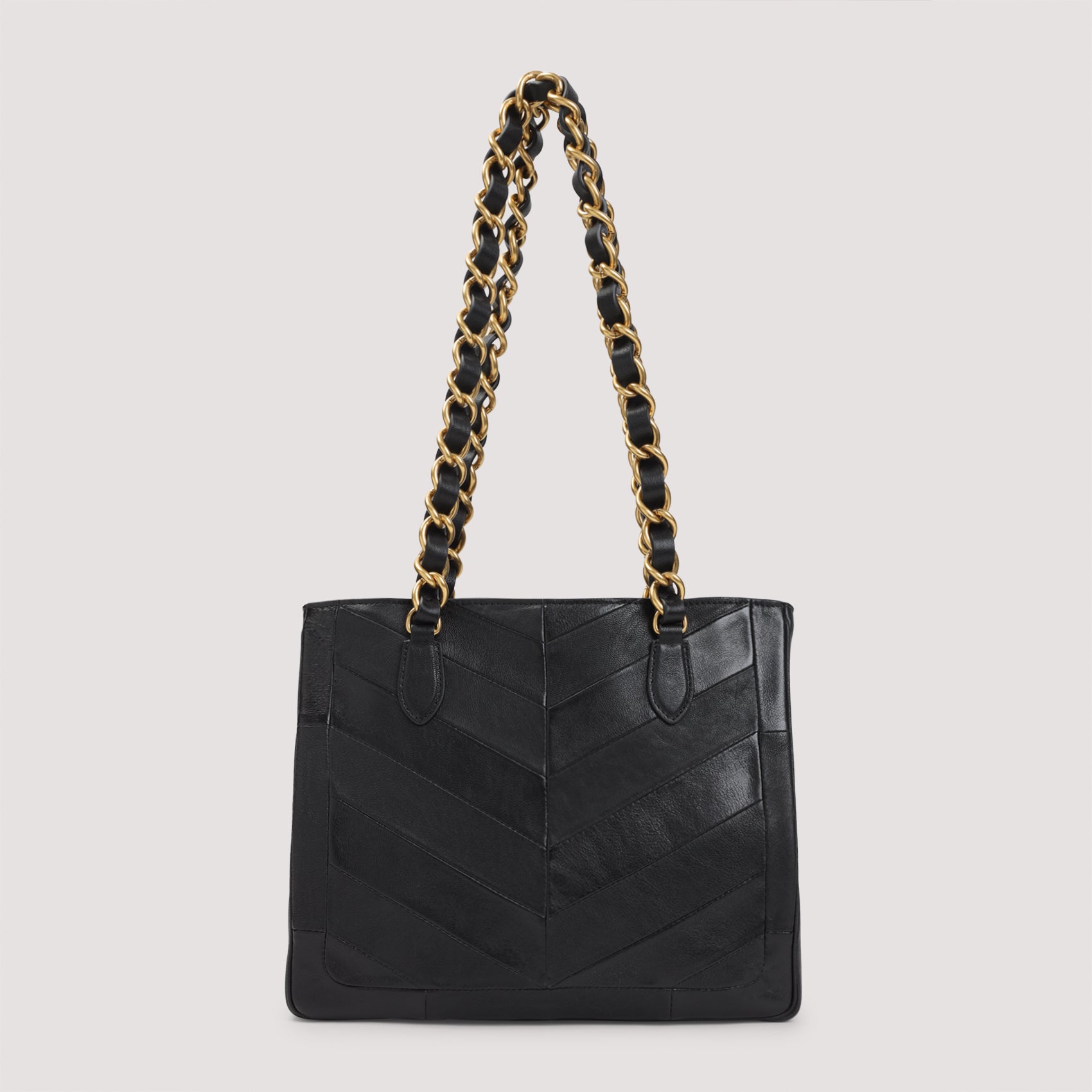 Chevron-Patterned Lambskin Shopper Bag With Dual Chain Handles