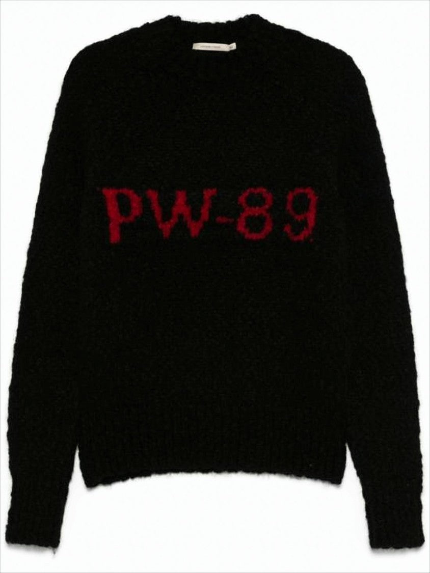 Fuzzy Black Knit Sweater With Bold Red 'Pw-89' Detail