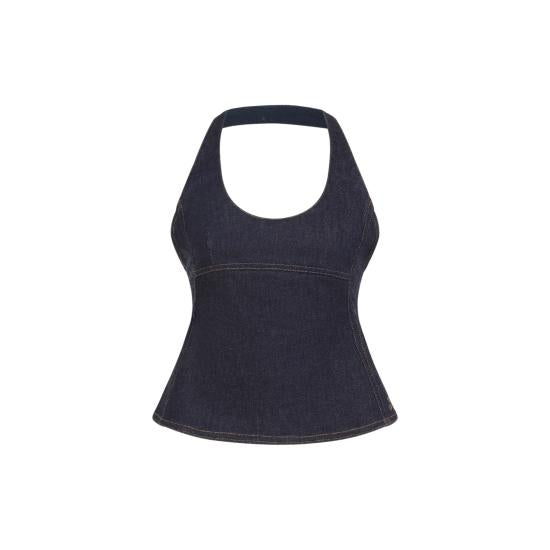 Fitted Sleeveless Denim Top with Halter Neckline