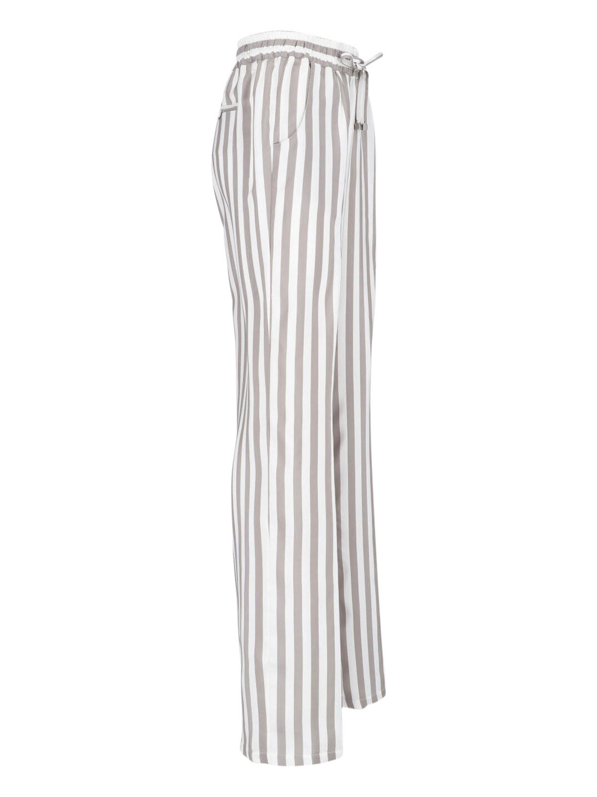 Beige Wide-Leg Vertical Striped Silk Trousers