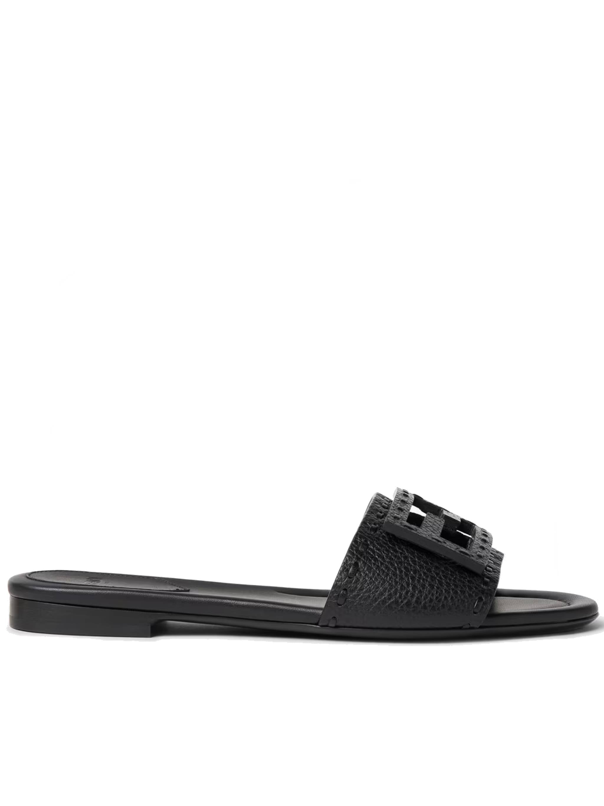 Textured Black Slide Sandal with Geometric Cut-Outs