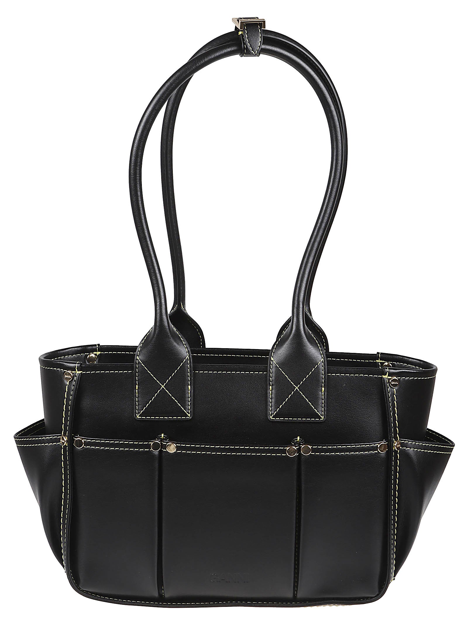 Structured Black Handbag with Contrasting White Stitching