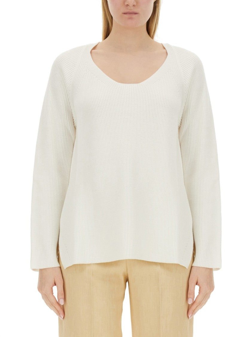 V-Neck Sweater With Ribbed Texture And Side Slits