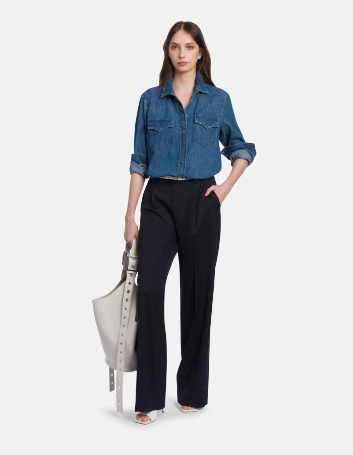 Medium Blue Wash Denim Shirt with Button-Down Front