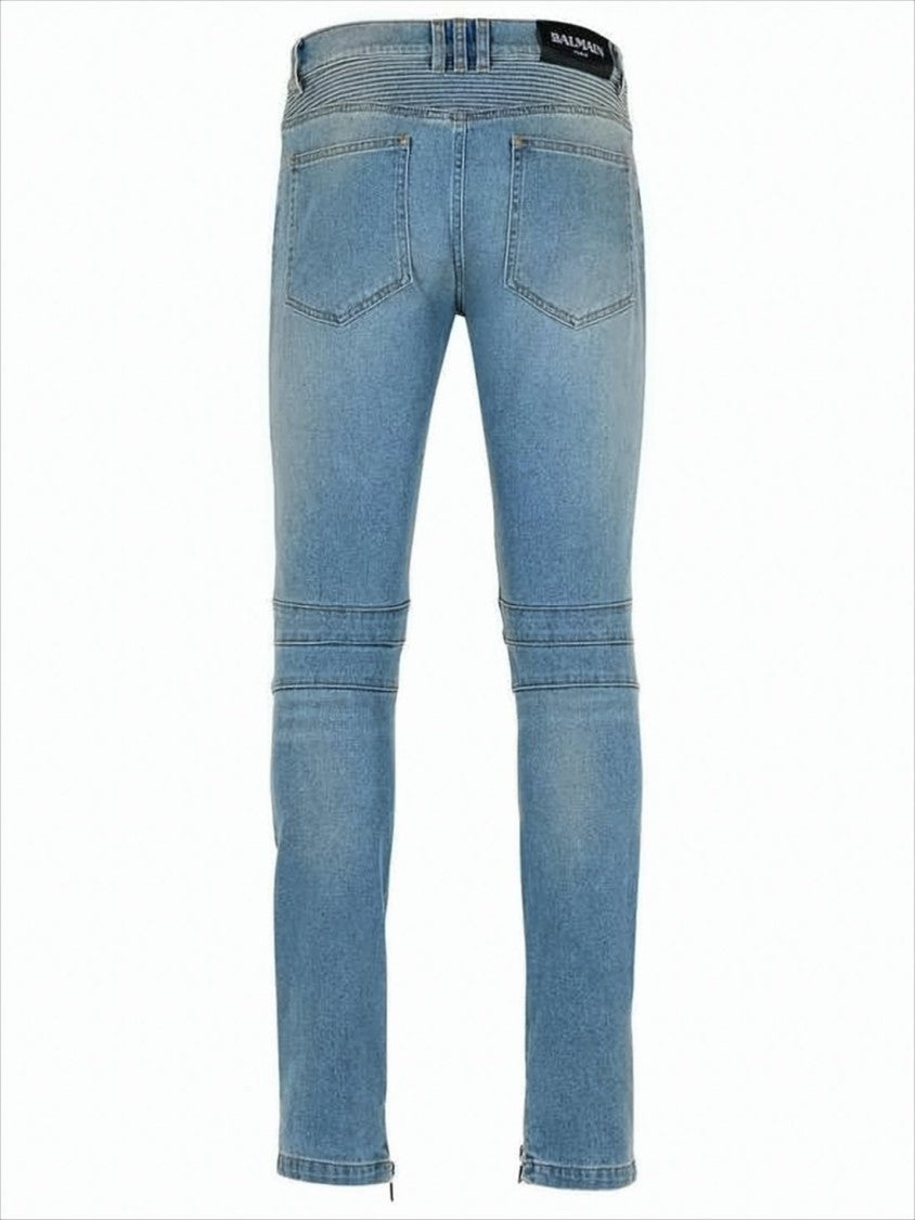Light Blue Slim-Fit Denim Pants with Ribbed Detailing