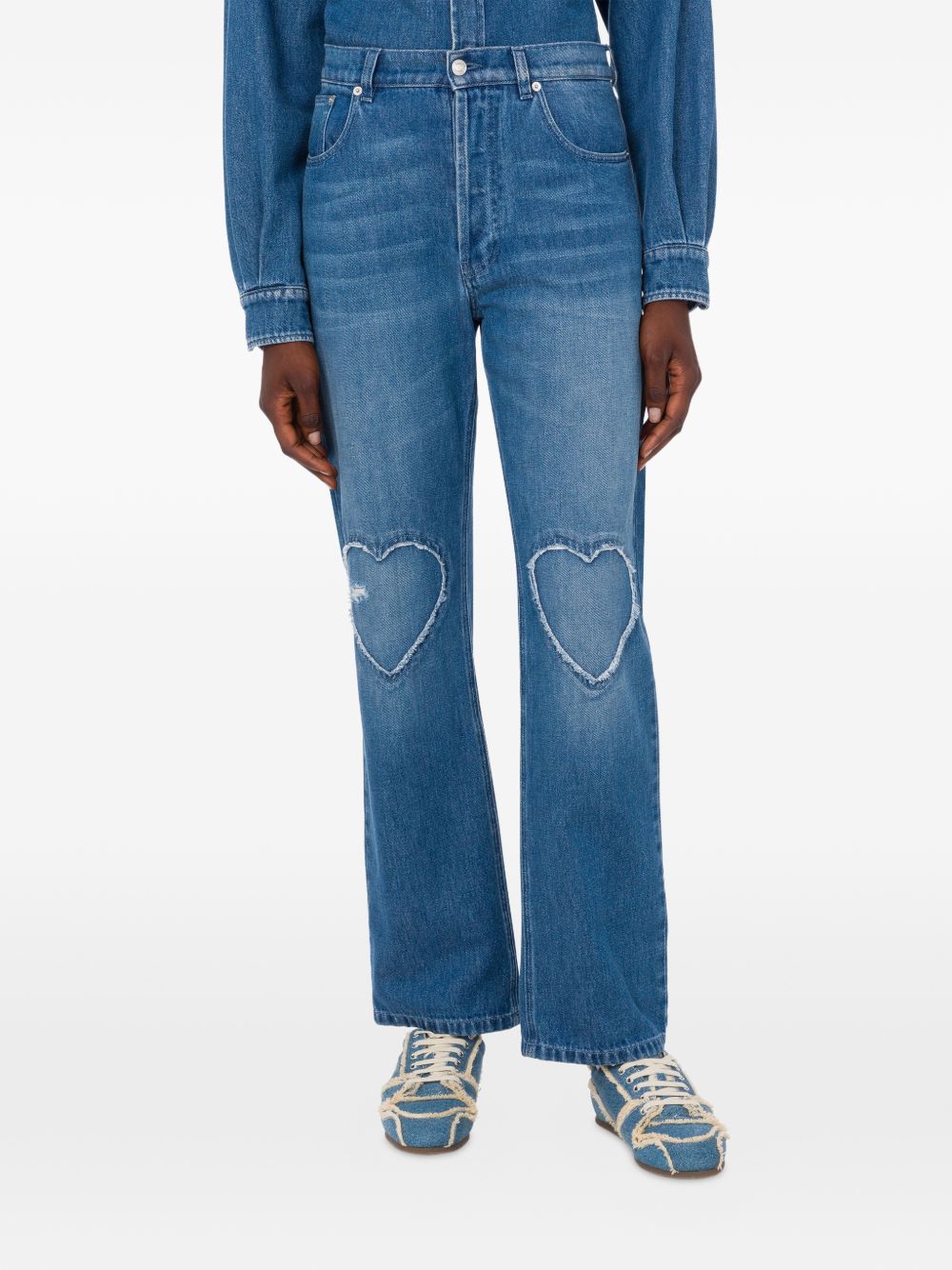 Straight-Leg Denim Trousers With Frayed Heart Patches