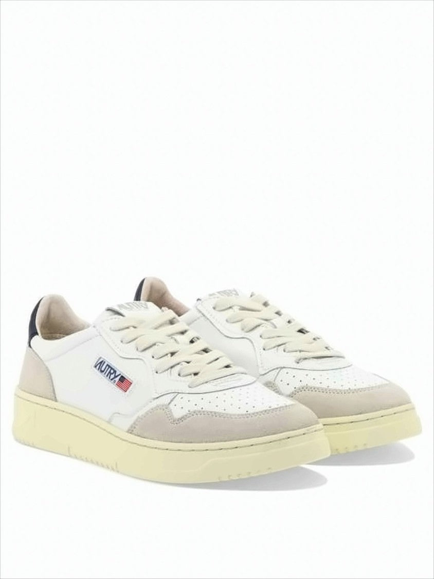 Low-Top White Leather Sneakers With Beige Suede Overlays