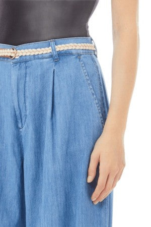 Wide-leg Light Denim Trousers with Front Pleats