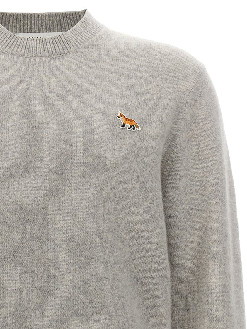 Heathered Grey Crewneck Sweater With Embroidered Fox Emblem