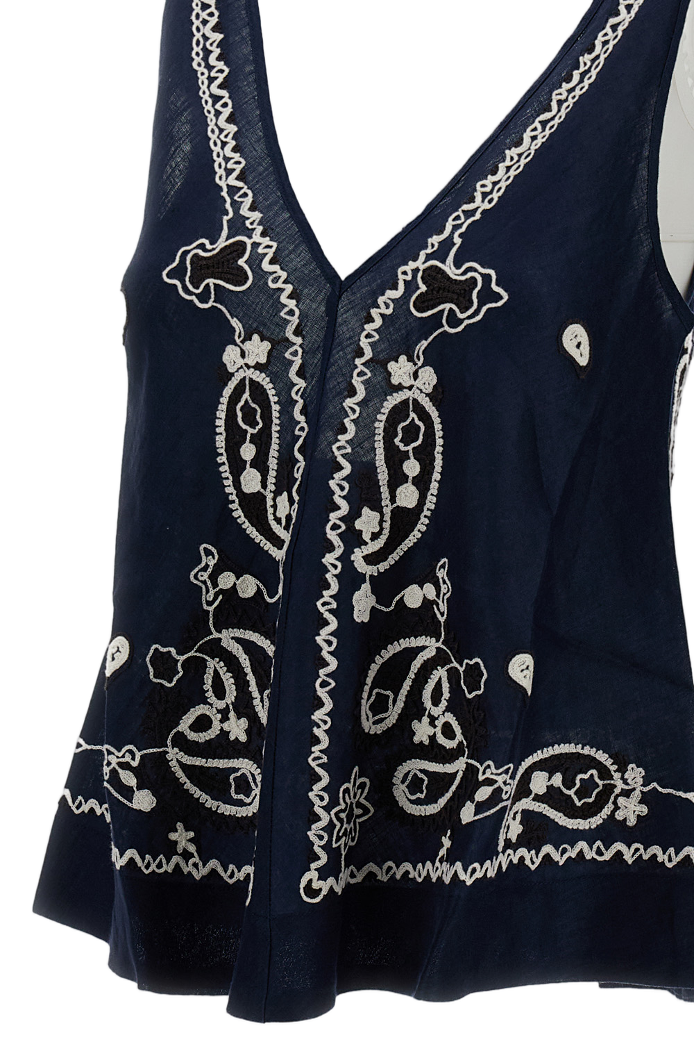 Intricately Embroidered Blue Linen Top with V-Neckline