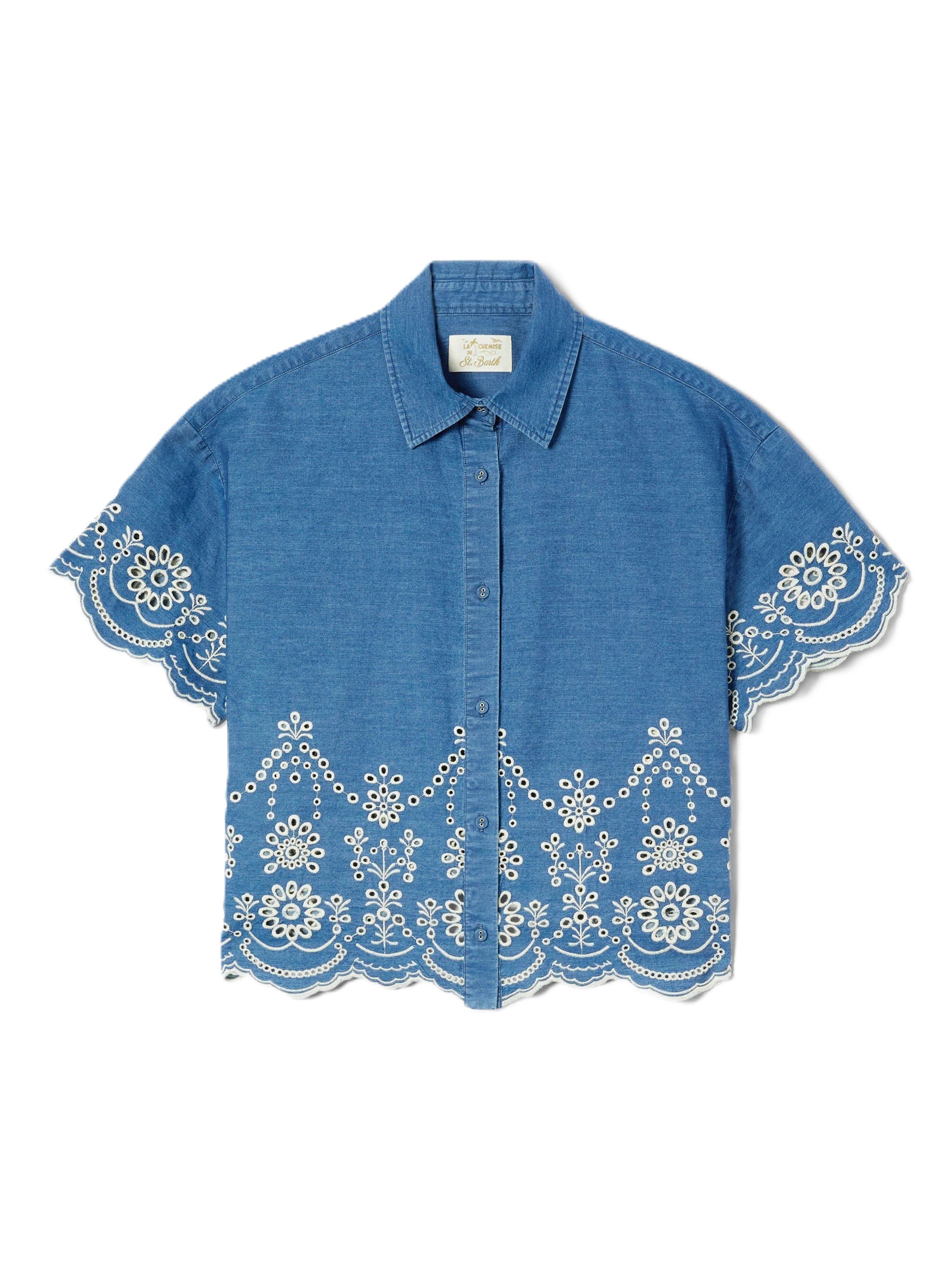 Cropped Shirt with Classic Collar and Floral Embroidery