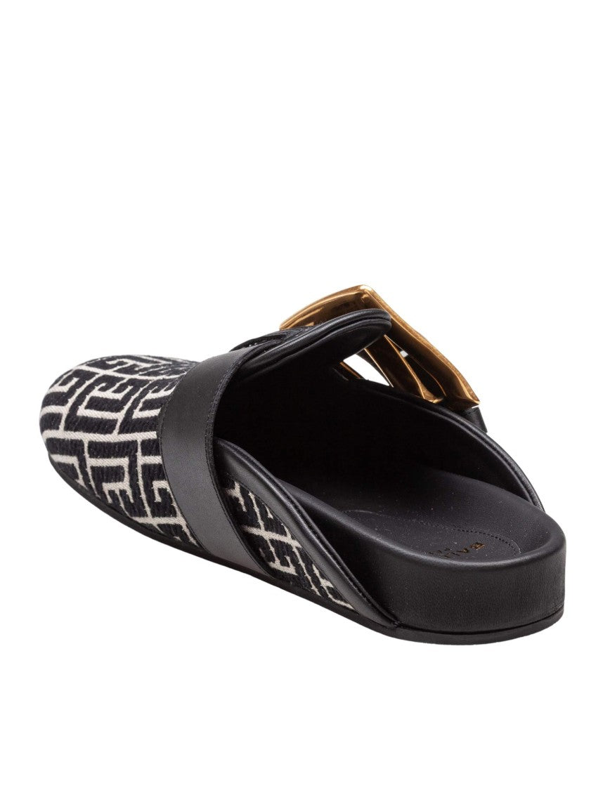 Flat Mule In Jacquard Canvas Black And Ivory