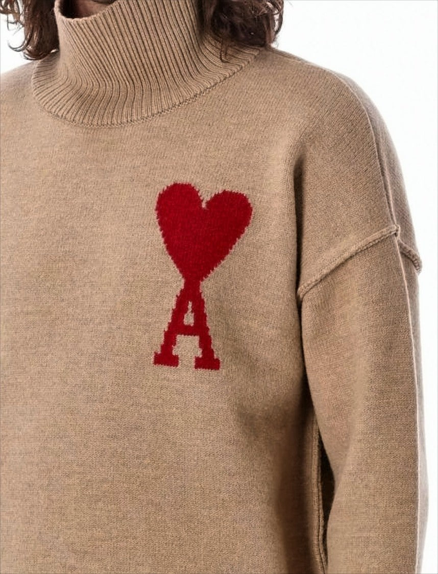 Brown Wool Turtleneck Sweater With Dropped Shoulders