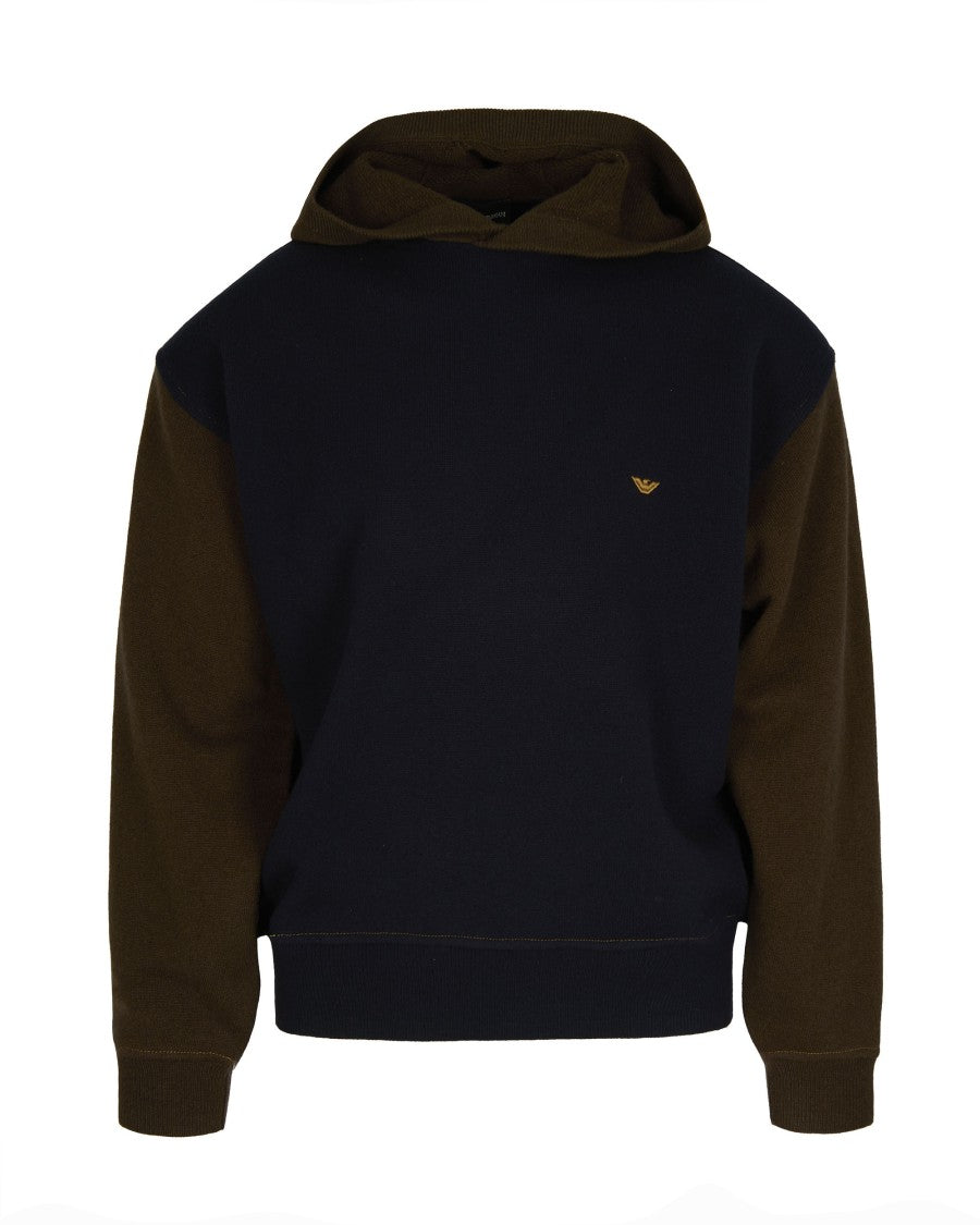 Colorblock Wool Hoodie With Ribbed Details And Eagle Embroidery