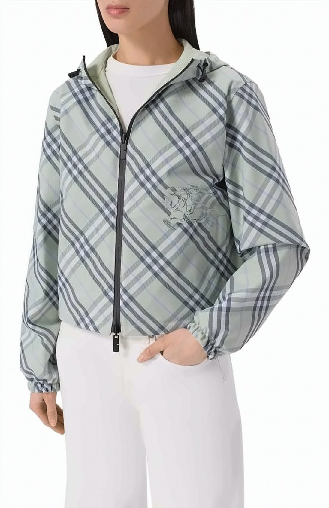 Cropped Hooded Jacket with Classic Check Pattern