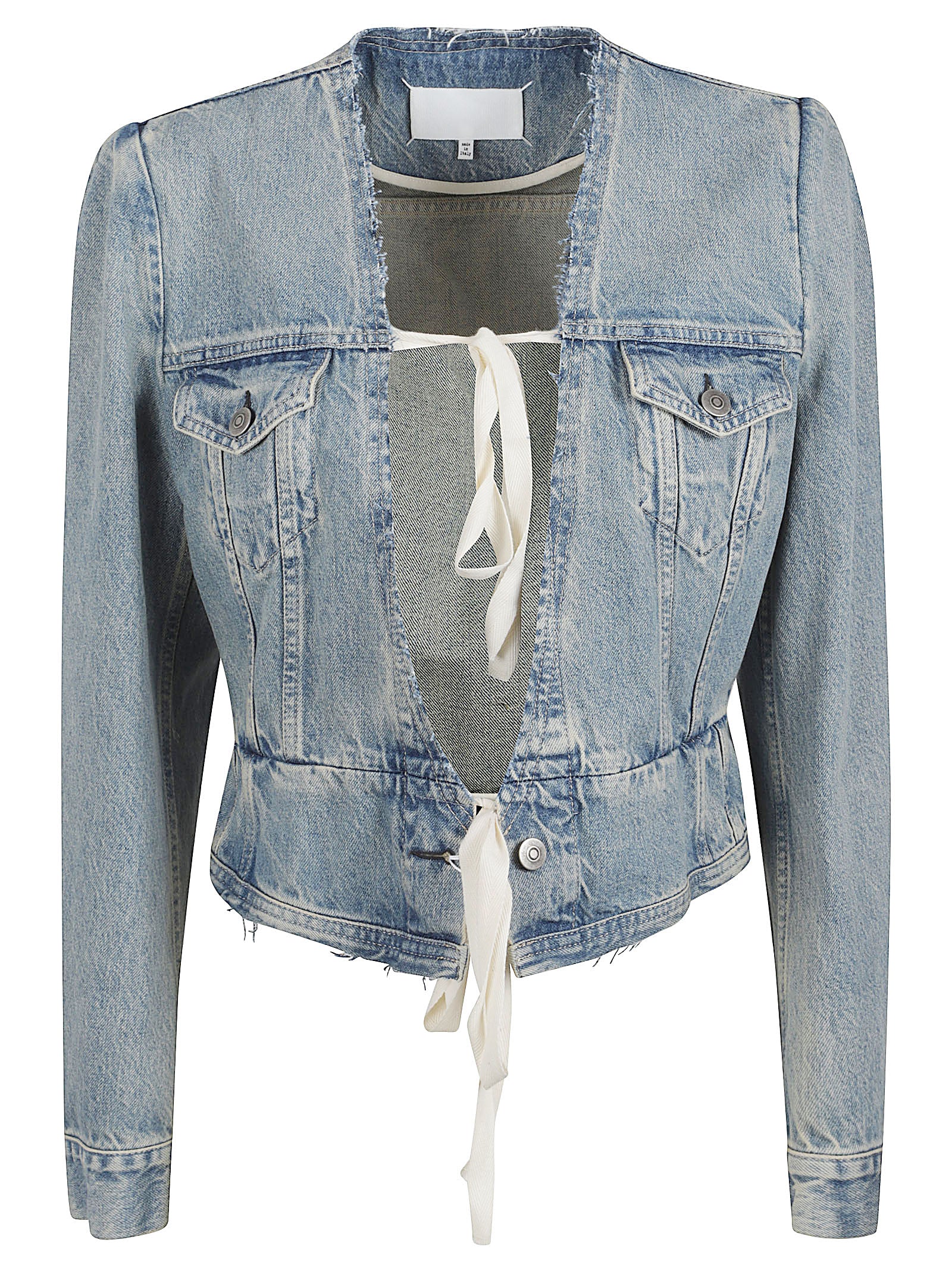 Cropped Denim Jacket with V-Neckline and Distressed Details