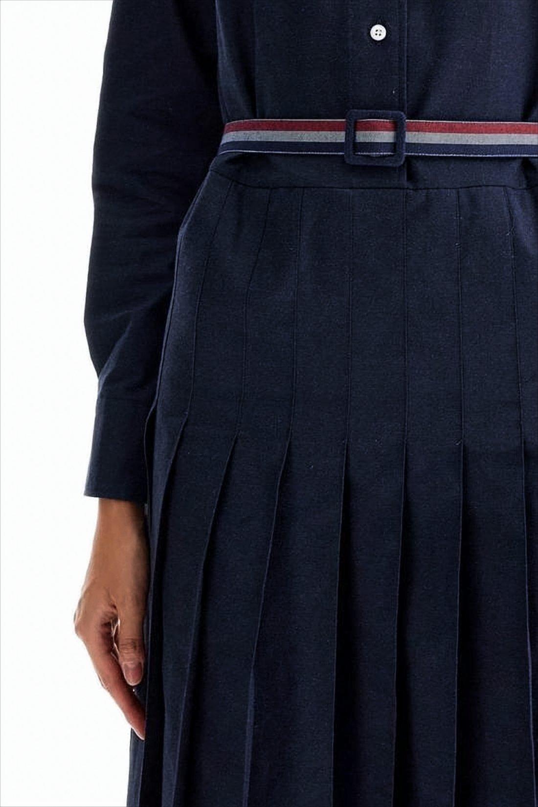 Pleated Midi Dress with Classic Collar and Waist Belt