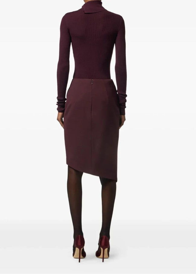 Burgundy Wraparound Skirt With Asymmetric Hem