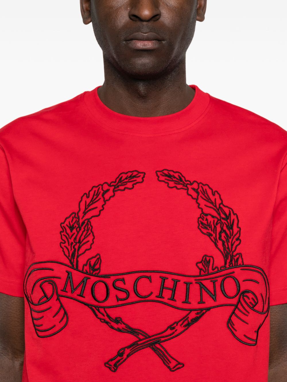 Graphic Red Silk-Nylon T-Shirt with Wreath Design