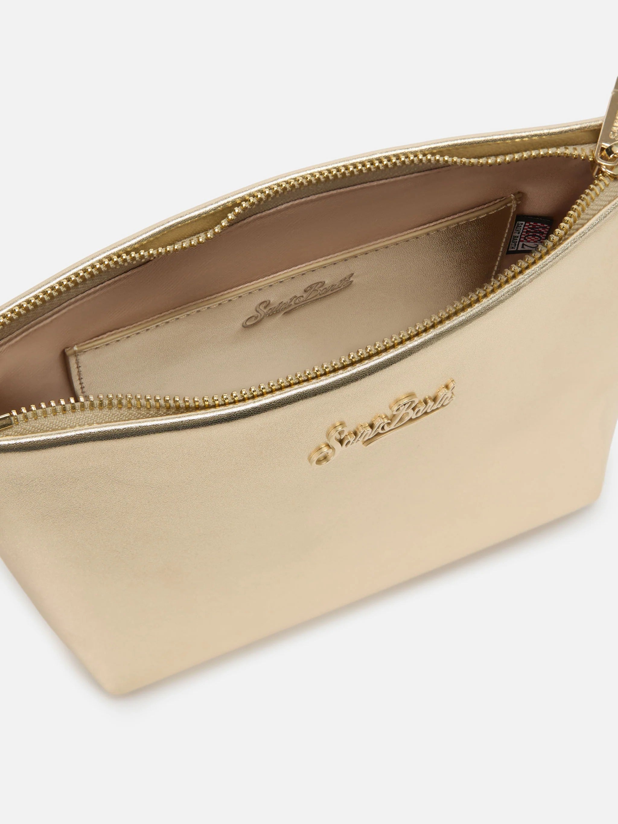 Minimalist Metallic Gold Handbag with Embossed Logo Detail