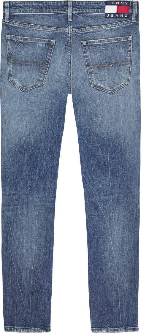 Faded Blue Denim Jeans with Distressed Detailing