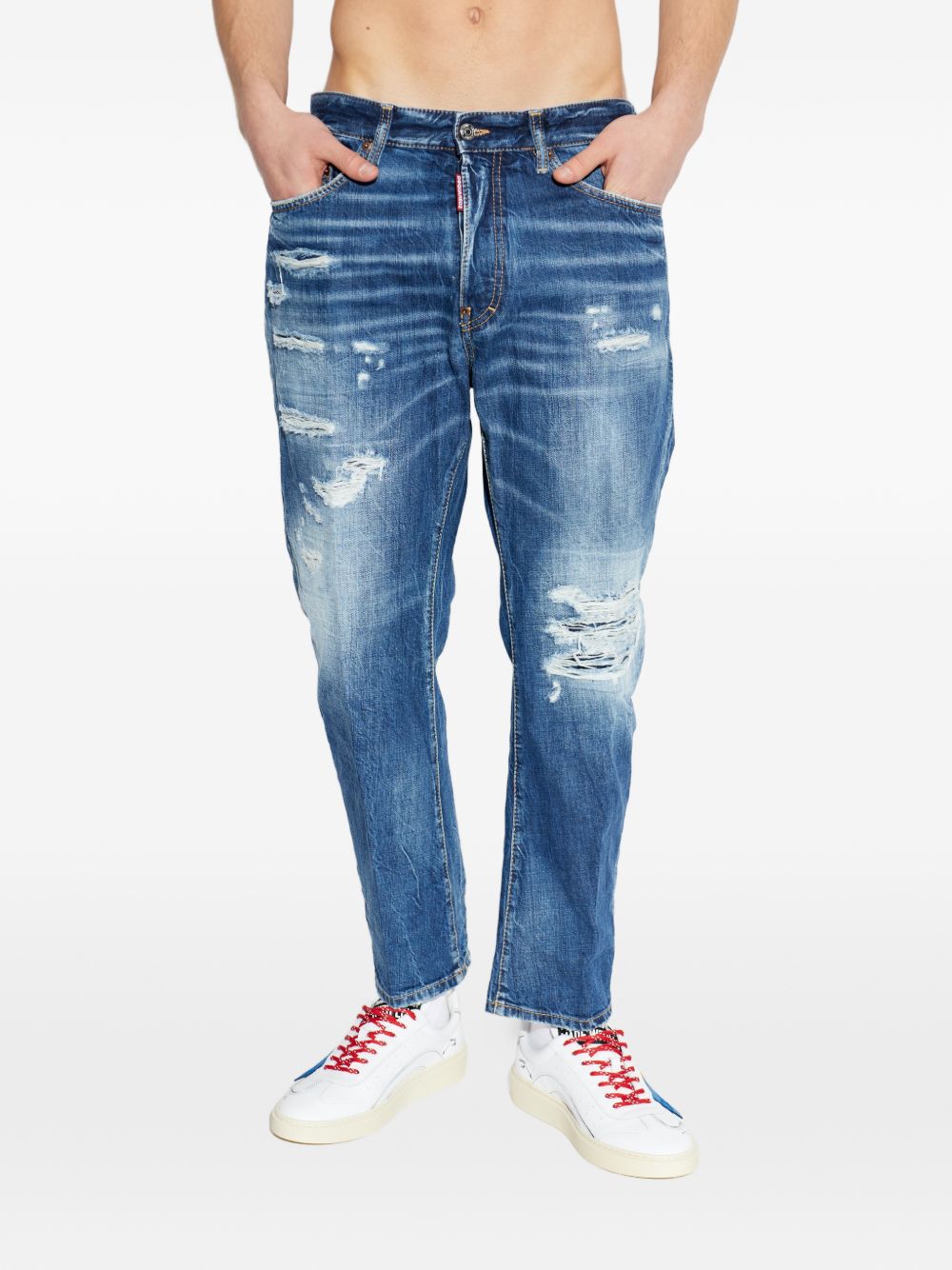 Distressed Blue Denim Jeans with Five-Pocket Design
