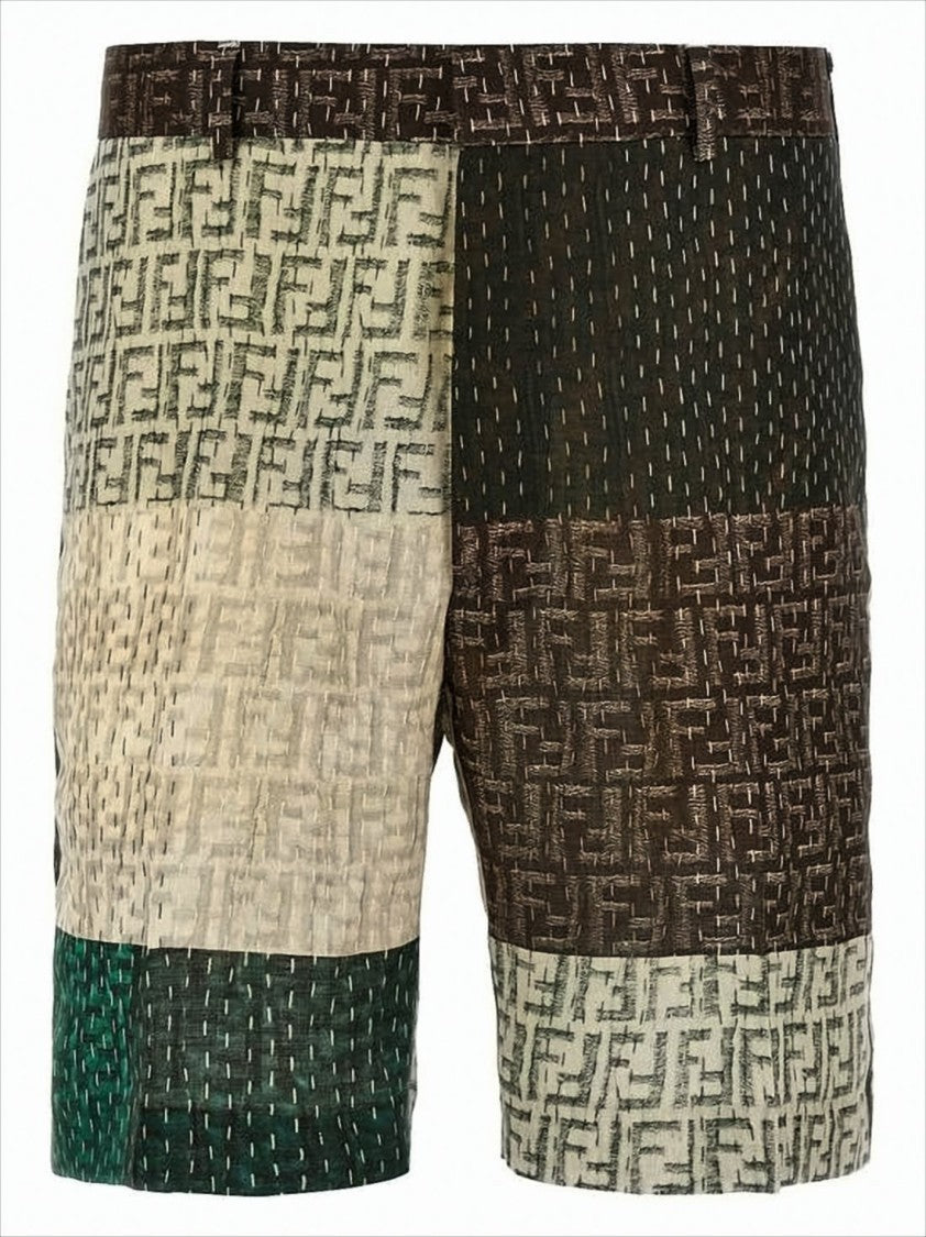 Patchwork Textured Linen Shorts With Buttoned Pockets