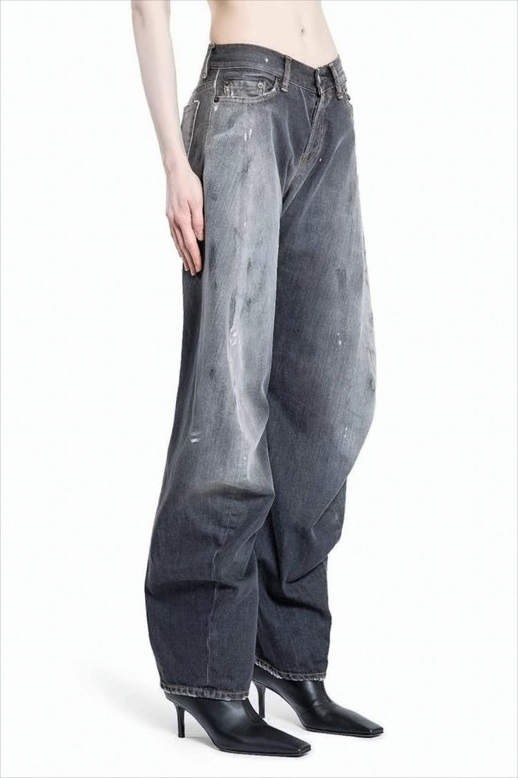 Wide-Leg Black Denim Pants with Distressed Finish