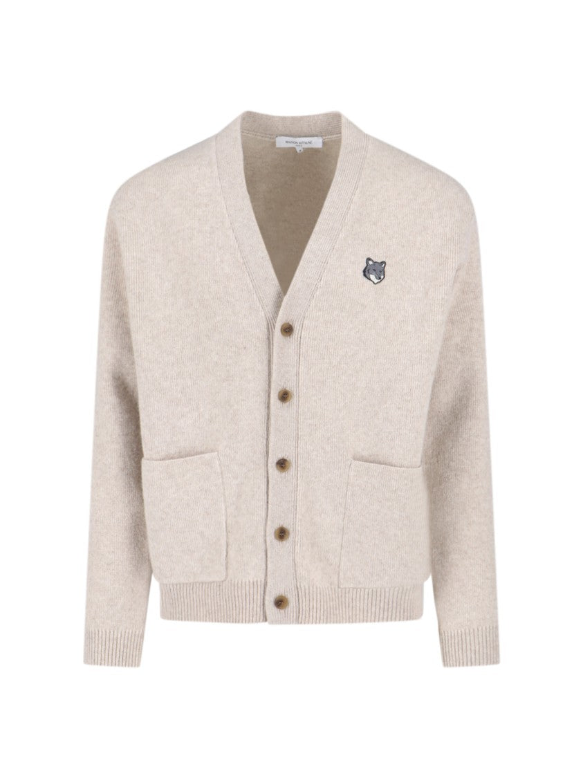 "Fox Head" Cardigan, In Beige Wool