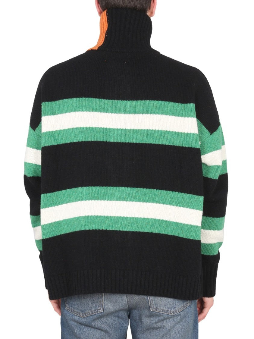 High Neck Button Closure Striped Cardigan