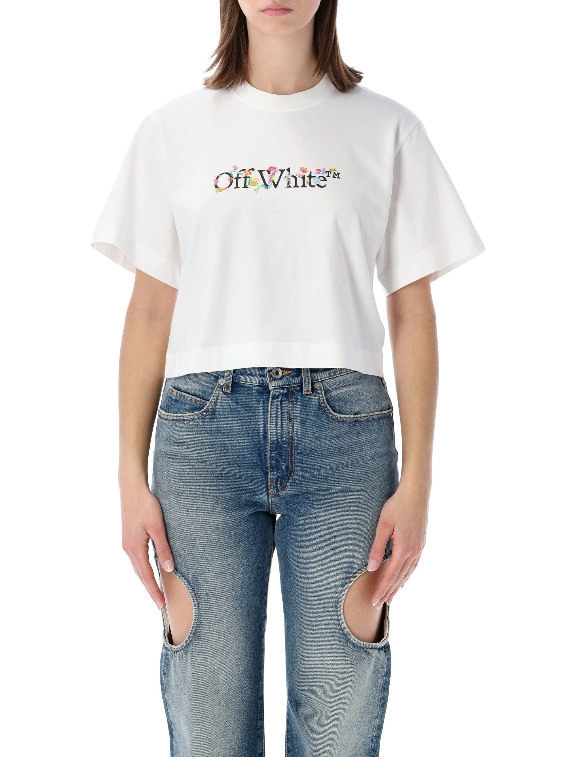 Flower-Embellished Cropped T-Shirt