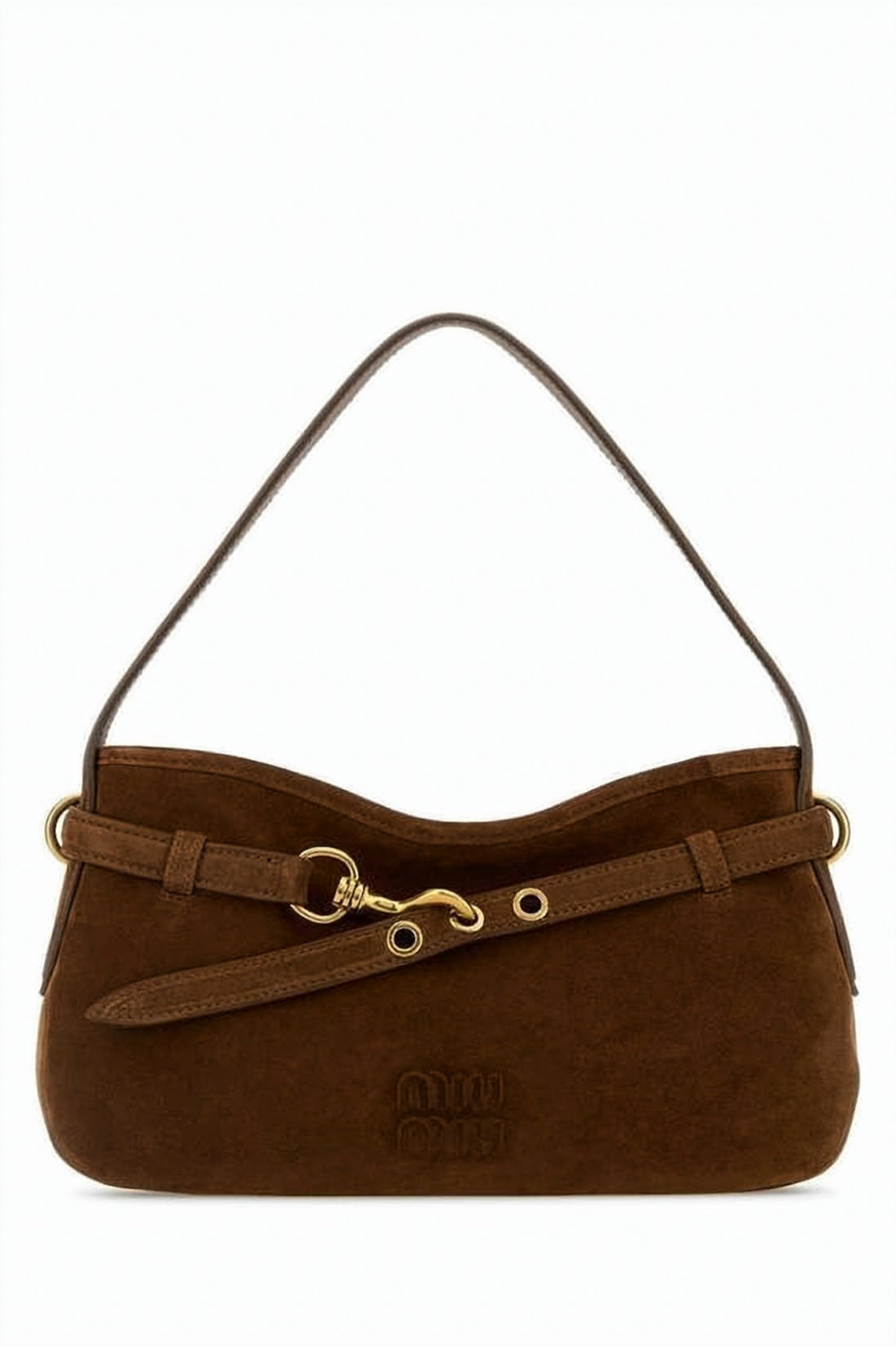 Suede Shoulder Bag with Decorative Belt and Gold-tone Accents