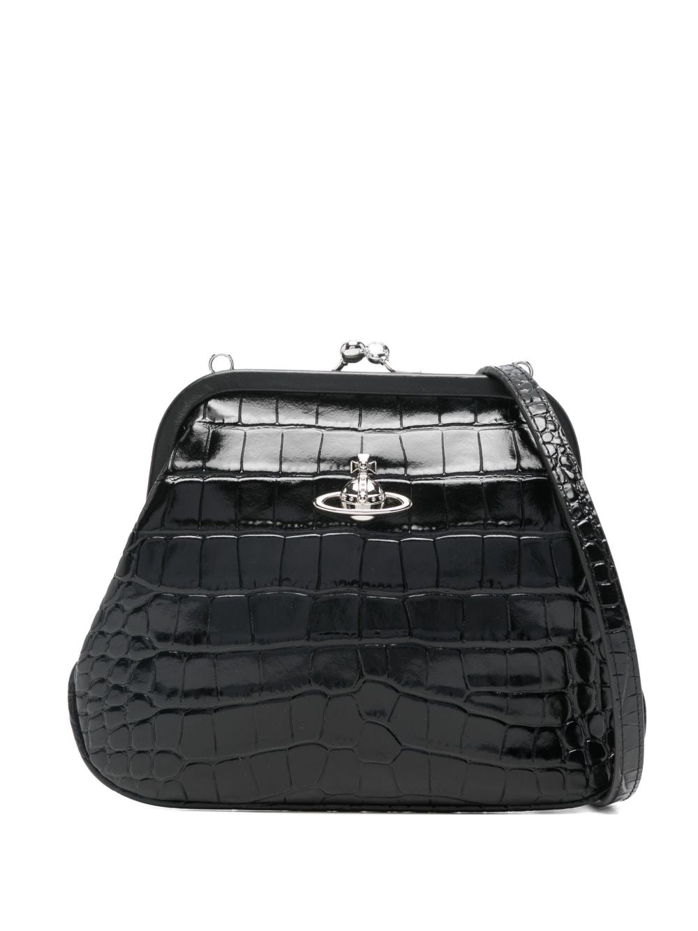 Trapezoidal Black Crocodile-Embossed Handbag With Silver Emblem