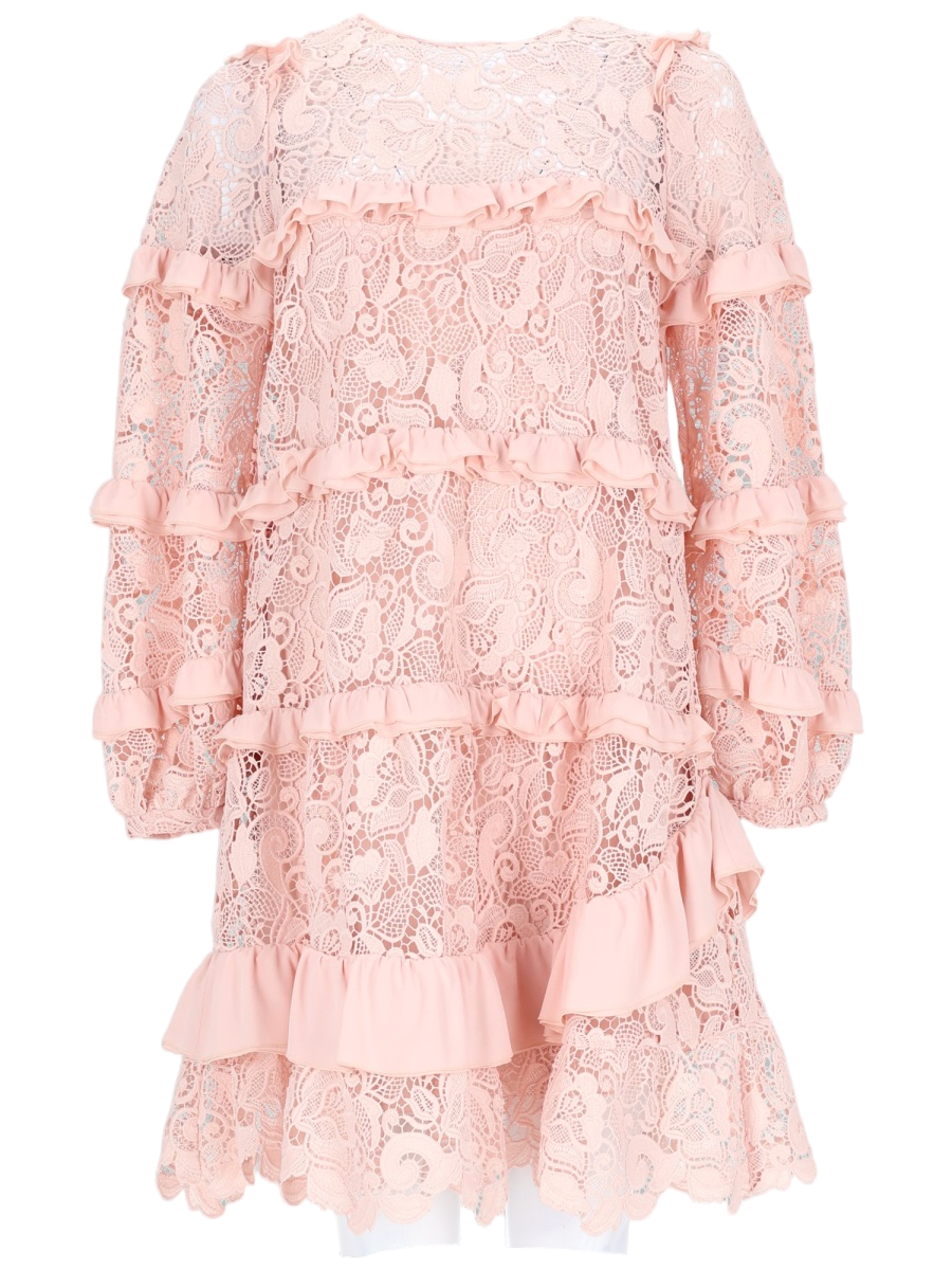Intricate Floral Lace Mini Dress with Ruffled Design