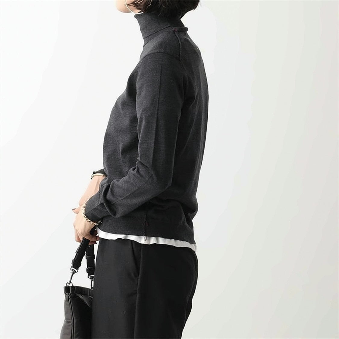 High-Neck Wool Knit Sweater With Four-Line Stitch Detail
