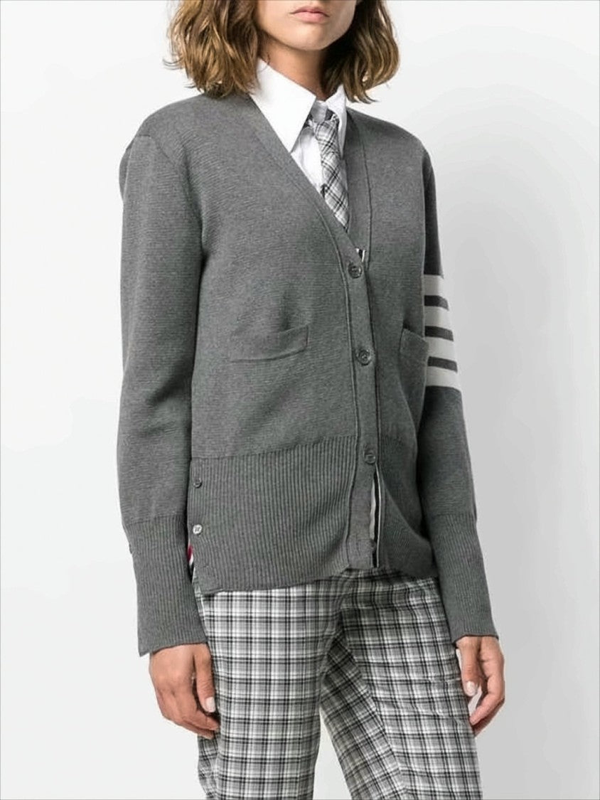 Classic V-Neck Grey Knitwear Cardigan with Striped Accents