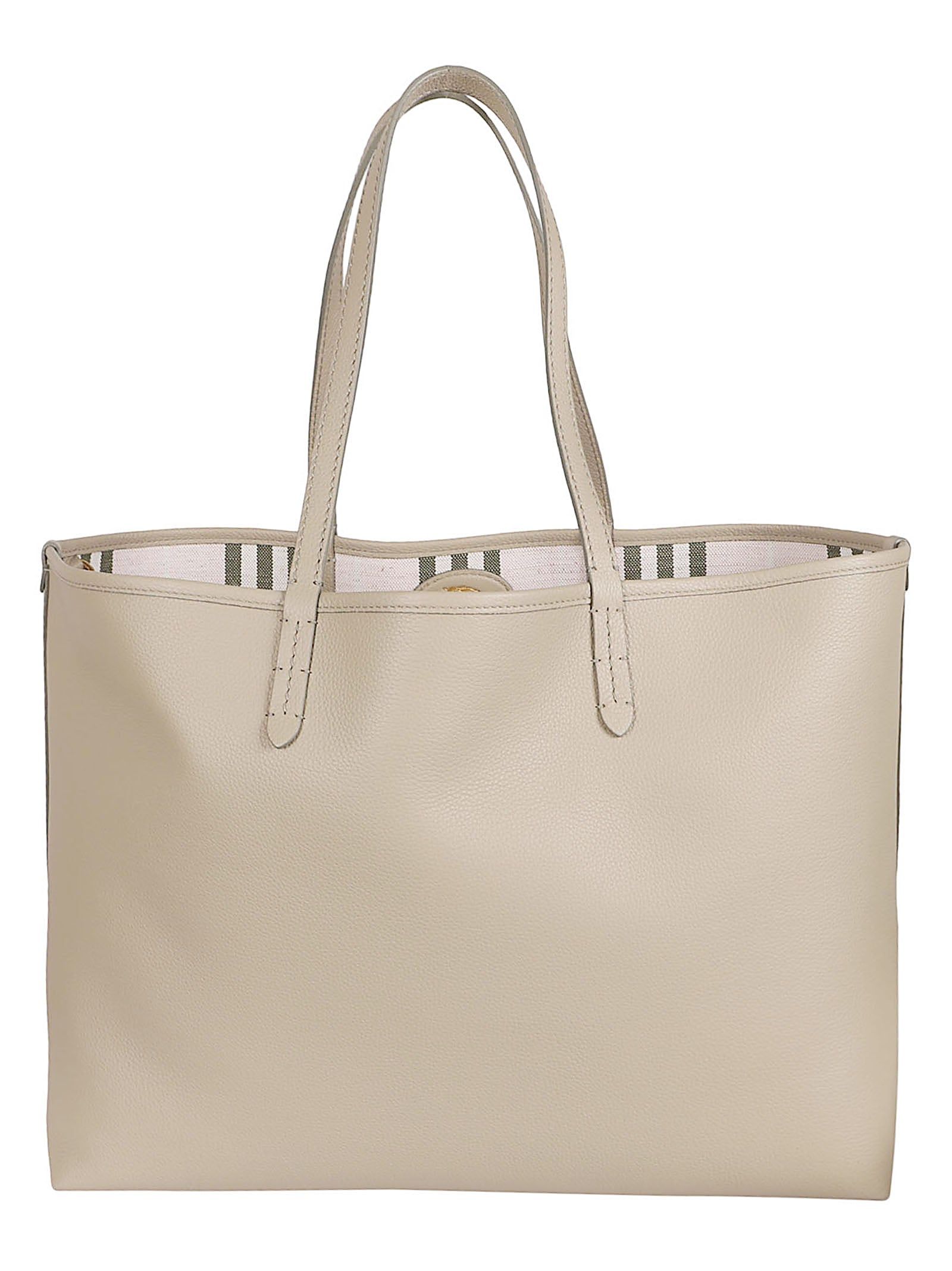 Calf Grain Leather Tote Bag with Striped Interior