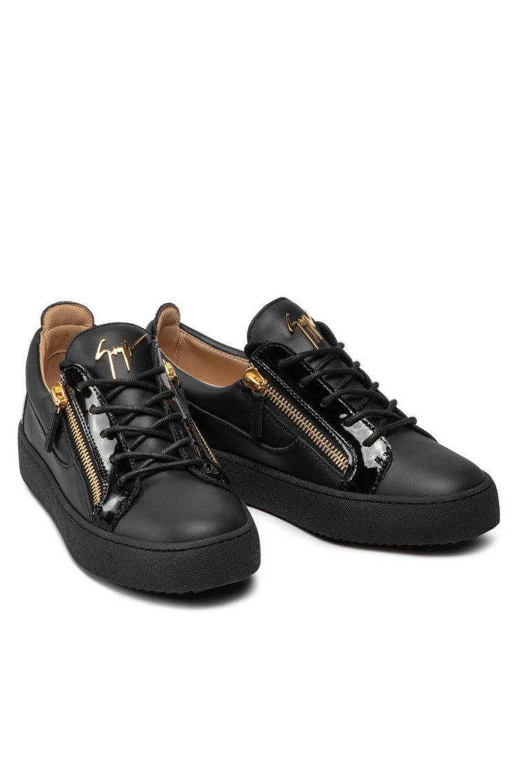 Black Leather Sneakers With Patent Accents