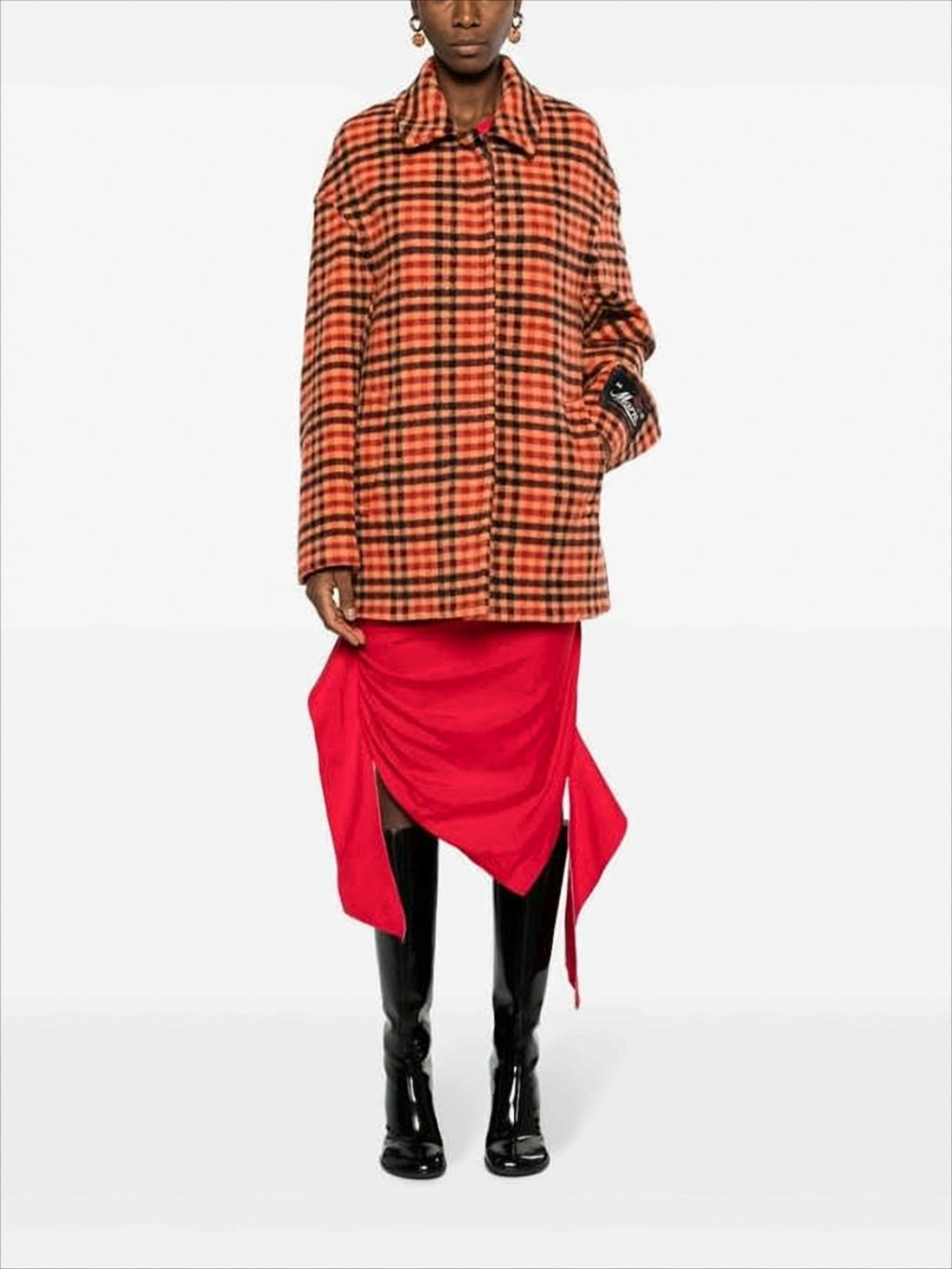 Boxy Mid-Length Trench Coat with Bold Checkered Pattern