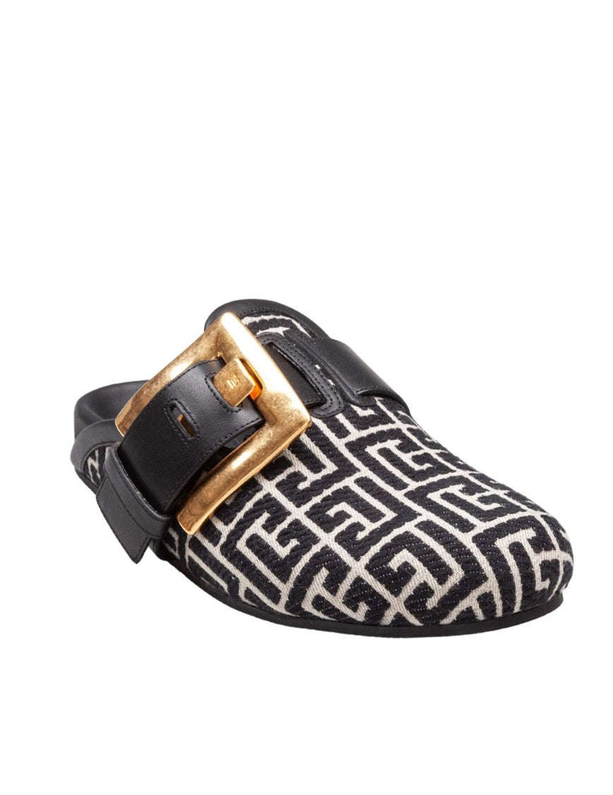 Flat Mule In Jacquard Canvas Black And Ivory