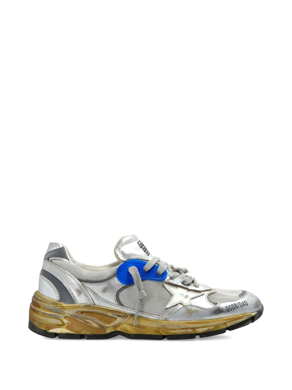 Metallic Silver Sneakers With Bold Blue Detail And Vintage Accents