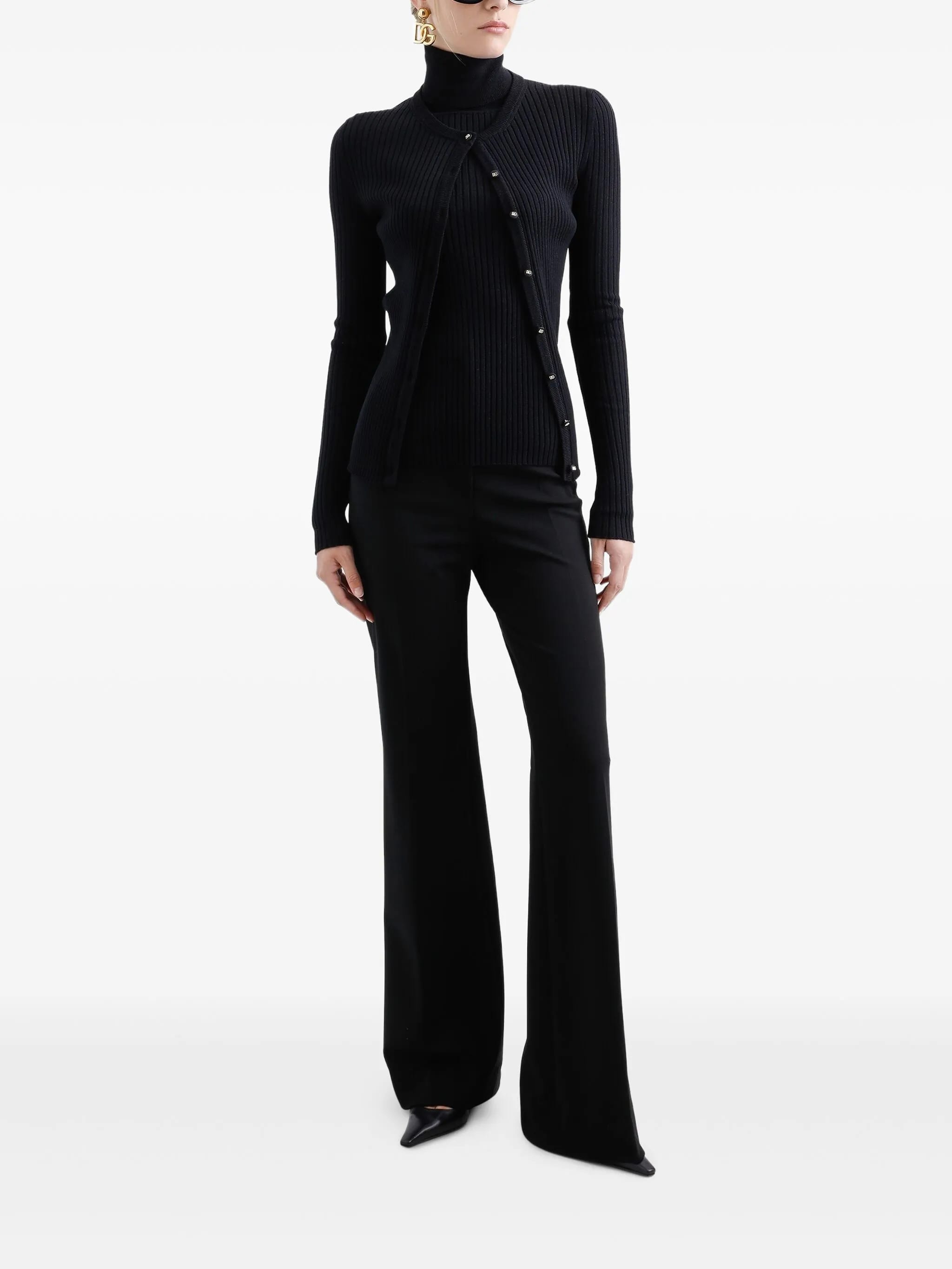 Black Finely Ribbed Wool Button Cardigan