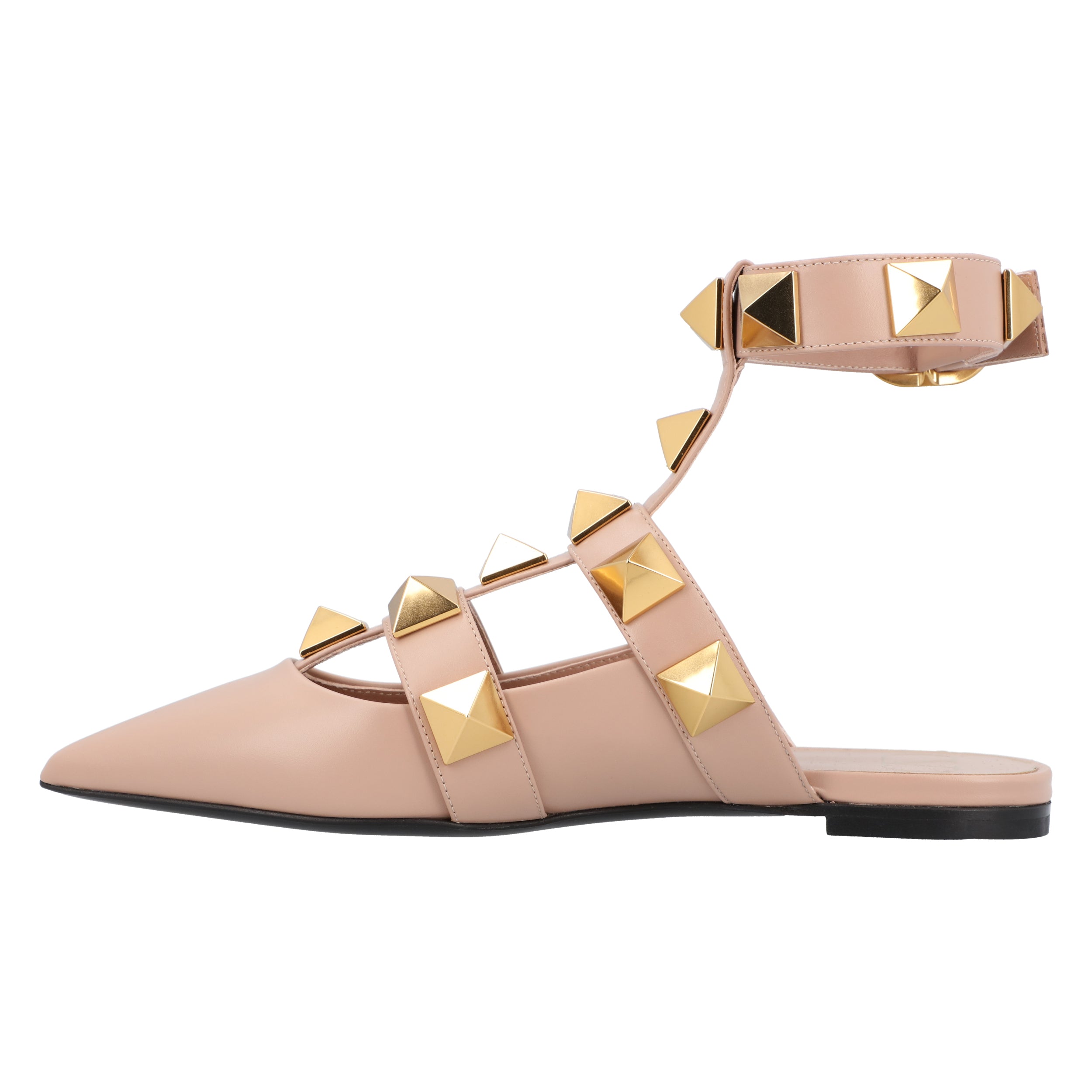 Pointed Toe Ballerinas With Roman Stud Rivets And Ankle Strap