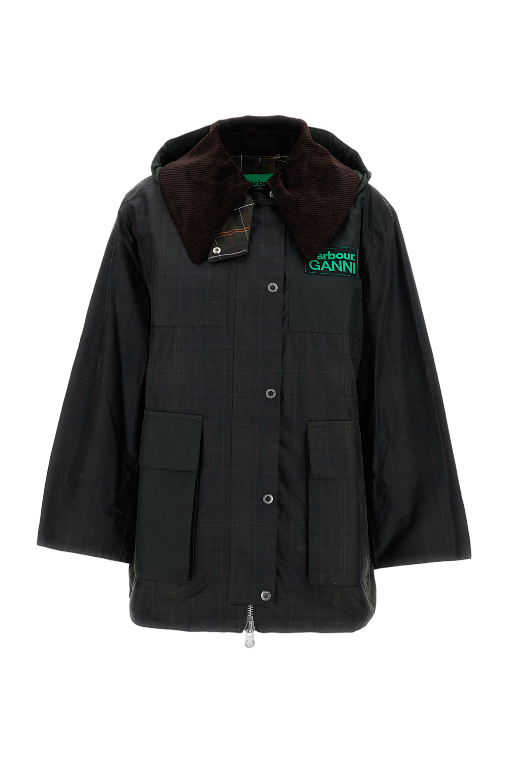 Ganni-Style Tartan Duffle Coat With Large Corduroy Collar