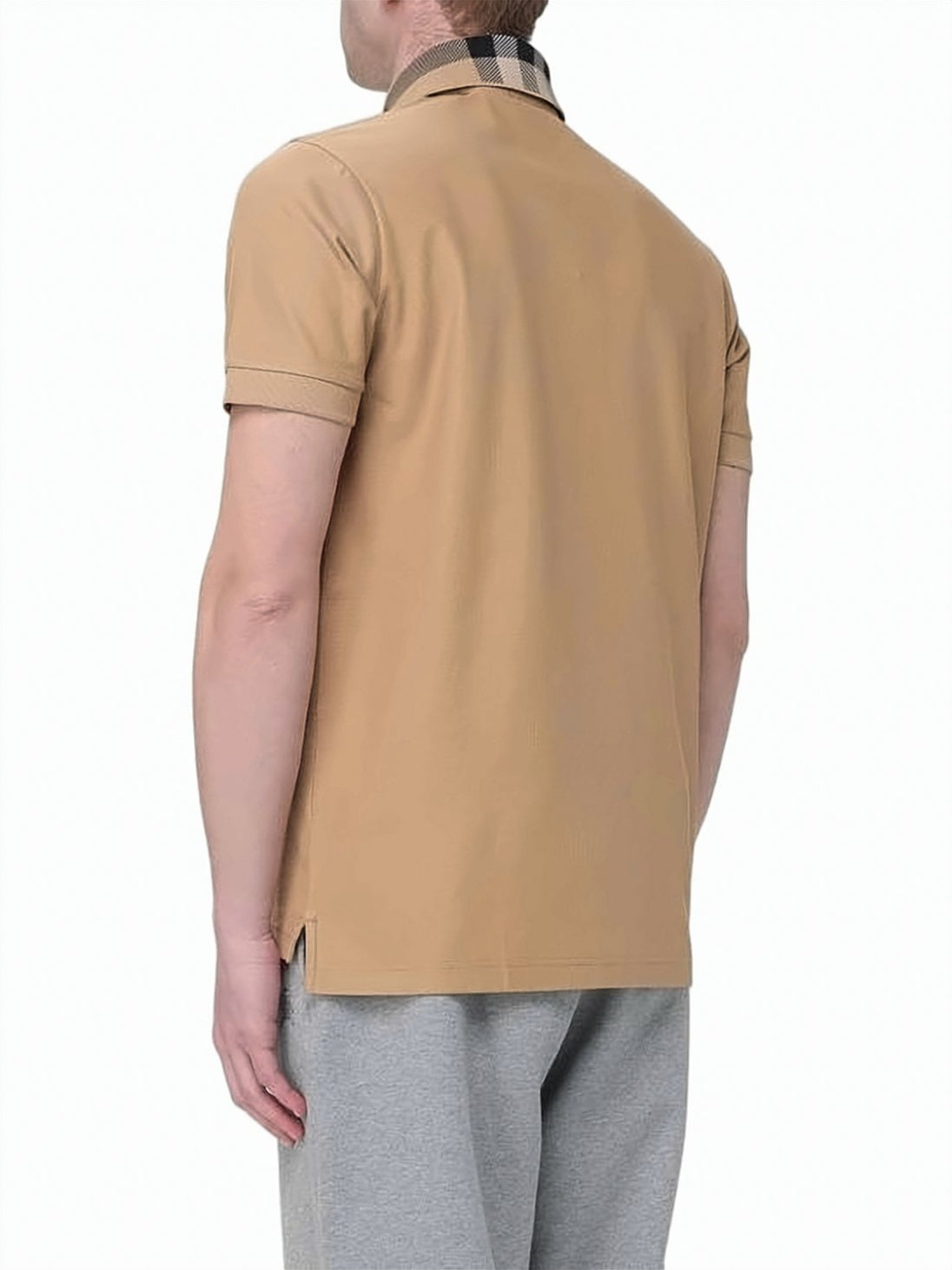 Short-Sleeved Polo Shirt with Check-Patterned Collar and Side Slits