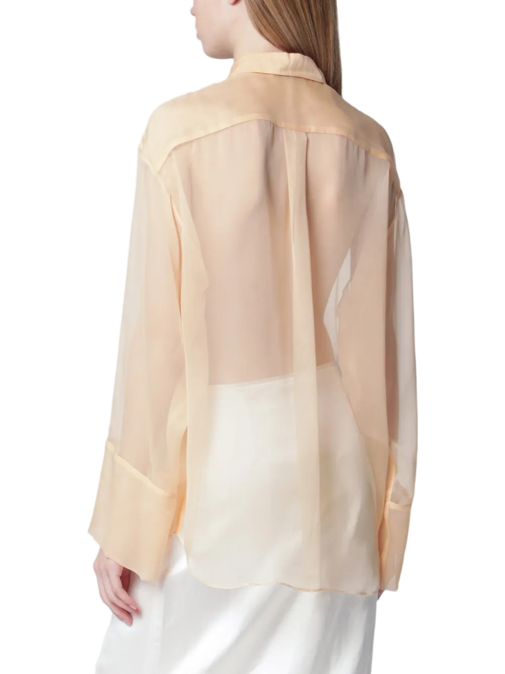 Sheer Long-Sleeved Blouse with Classic Collar and Relaxed Silhouette